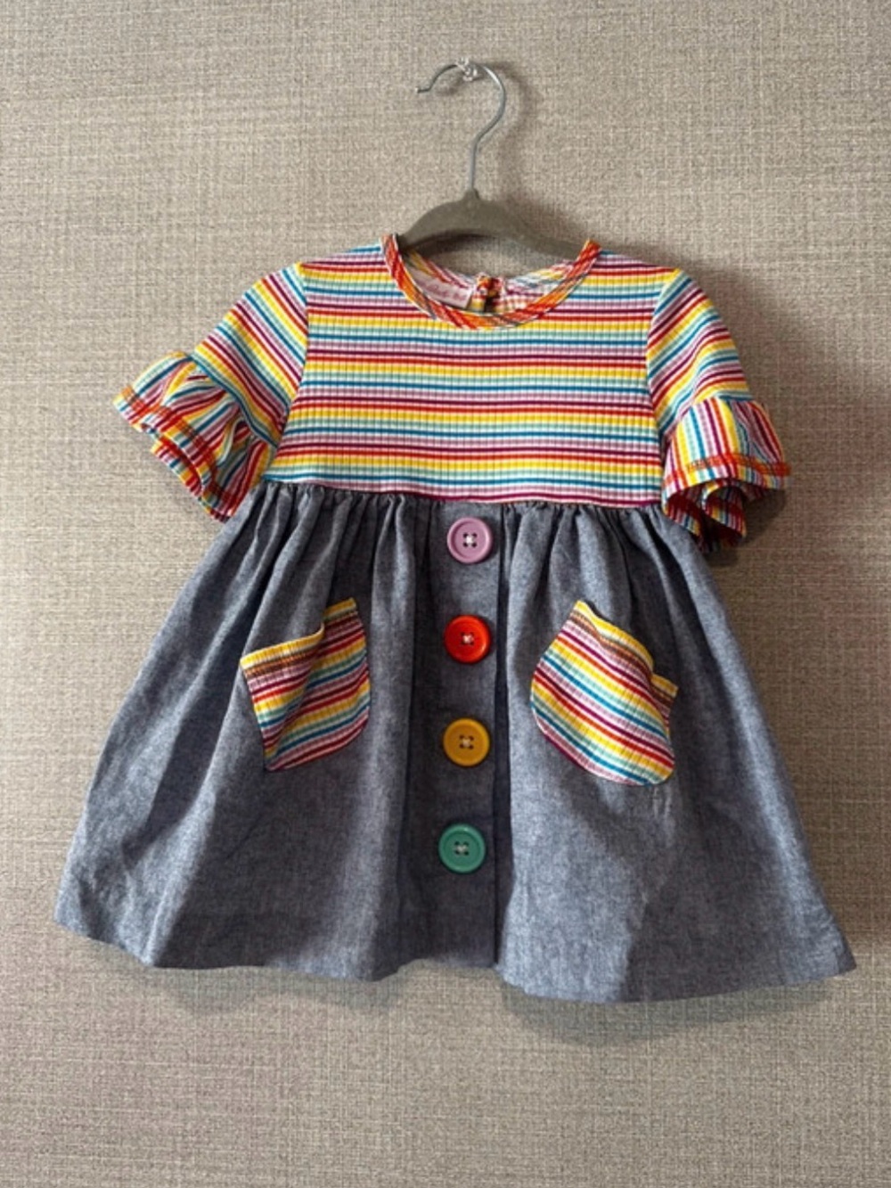 Bonnie Baby Rainbow Stripe Top with Chambray Skirt Dress